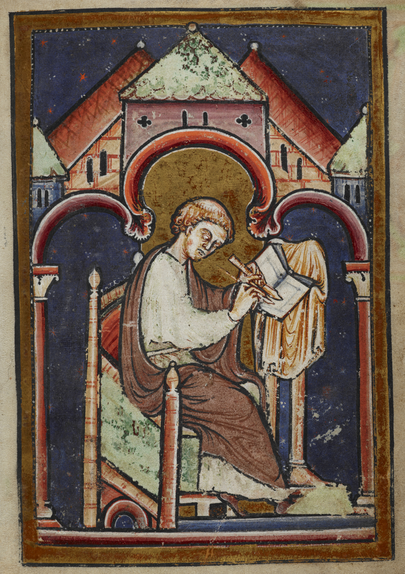 Old painting of a tonsured seated scribe, probably Bede, writing.