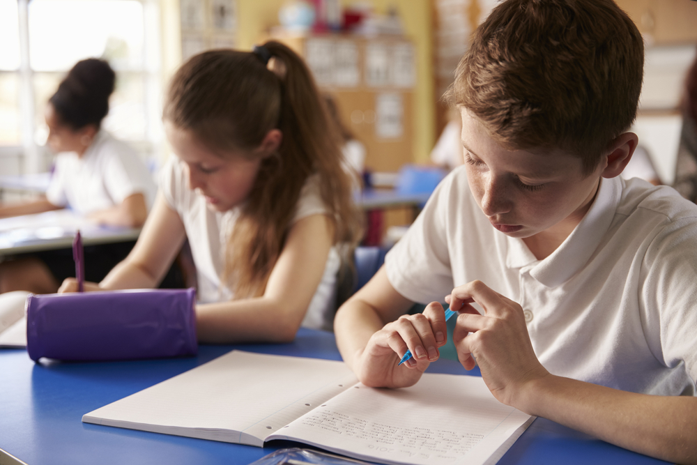 Two primary aged school children sitting at their desk in a classroom